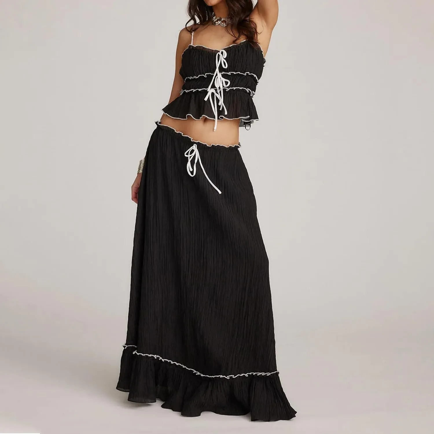 Women 2 Piece Maxi Skirt Set Y2k Sleeveless Cropped Cami Ruffle Long Skirt Matching Set Summer Beach Outfits