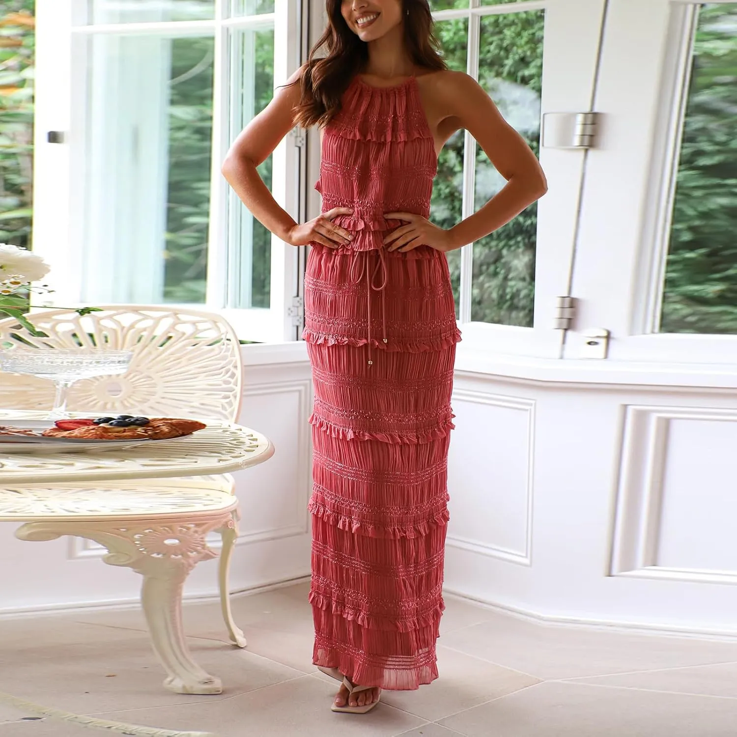 Women 2 Piece Maxi Skirt Set Y2k Sleeveless Cropped Cami Ruffle Long Skirt Matching Set Summer Beach Outfits