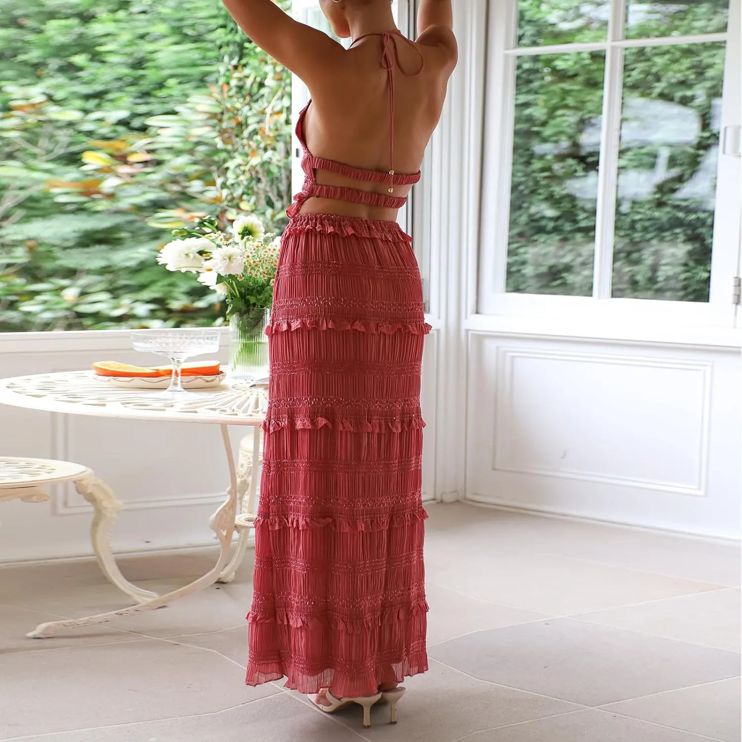 Women 2 Piece Maxi Skirt Set Y2k Sleeveless Cropped Cami Ruffle Long Skirt Matching Set Summer Beach Outfits