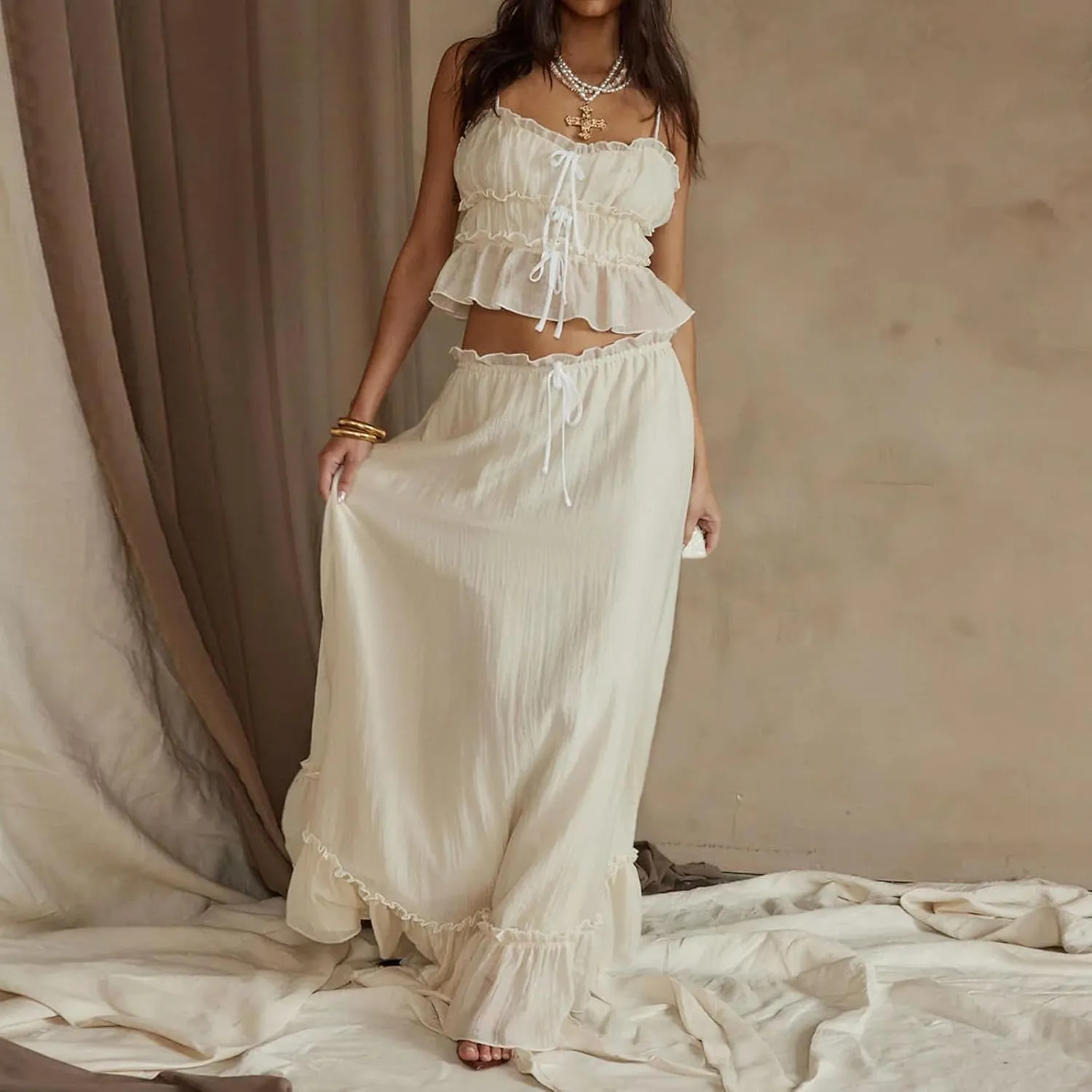 Women 2 Piece Maxi Skirt Set Y2k Sleeveless Cropped Cami Ruffle Long Skirt Matching Set Summer Beach Outfits