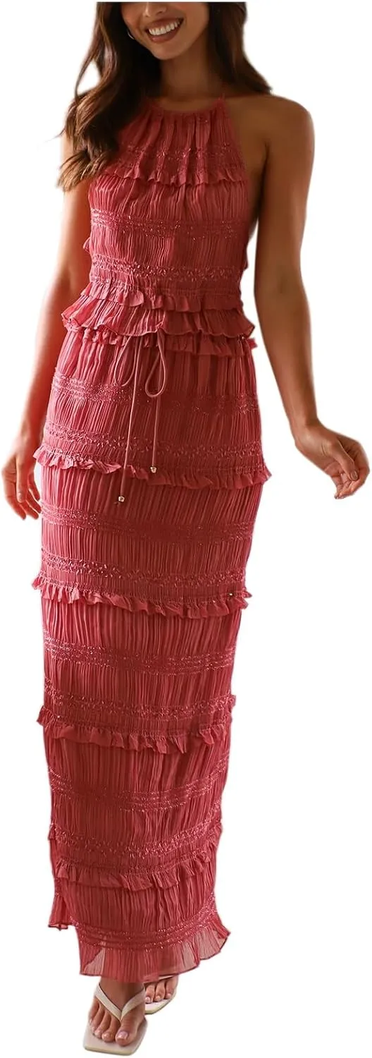 Women 2 Piece Maxi Skirt Set Y2k Sleeveless Cropped Cami Ruffle Long Skirt Matching Set Summer Beach Outfits