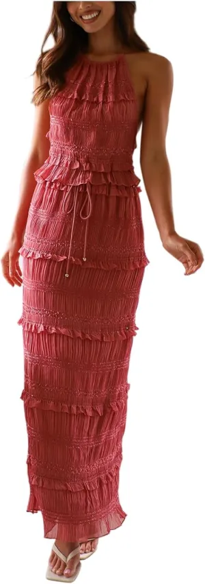 Women 2 Piece Maxi Skirt Set Y2k Sleeveless Cropped Cami Ruffle Long Skirt Matching Set Summer Beach Outfits