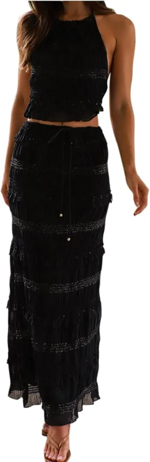 Women 2 Piece Maxi Skirt Set Y2k Sleeveless Cropped Cami Ruffle Long Skirt Matching Set Summer Beach Outfits