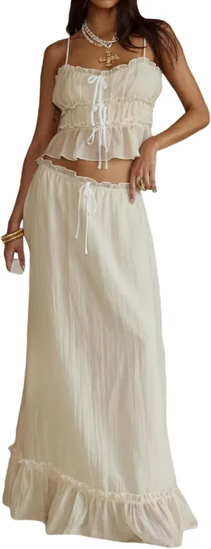 Women 2 Piece Maxi Skirt Set Y2k Sleeveless Cropped Cami Ruffle Long Skirt Matching Set Summer Beach Outfits
