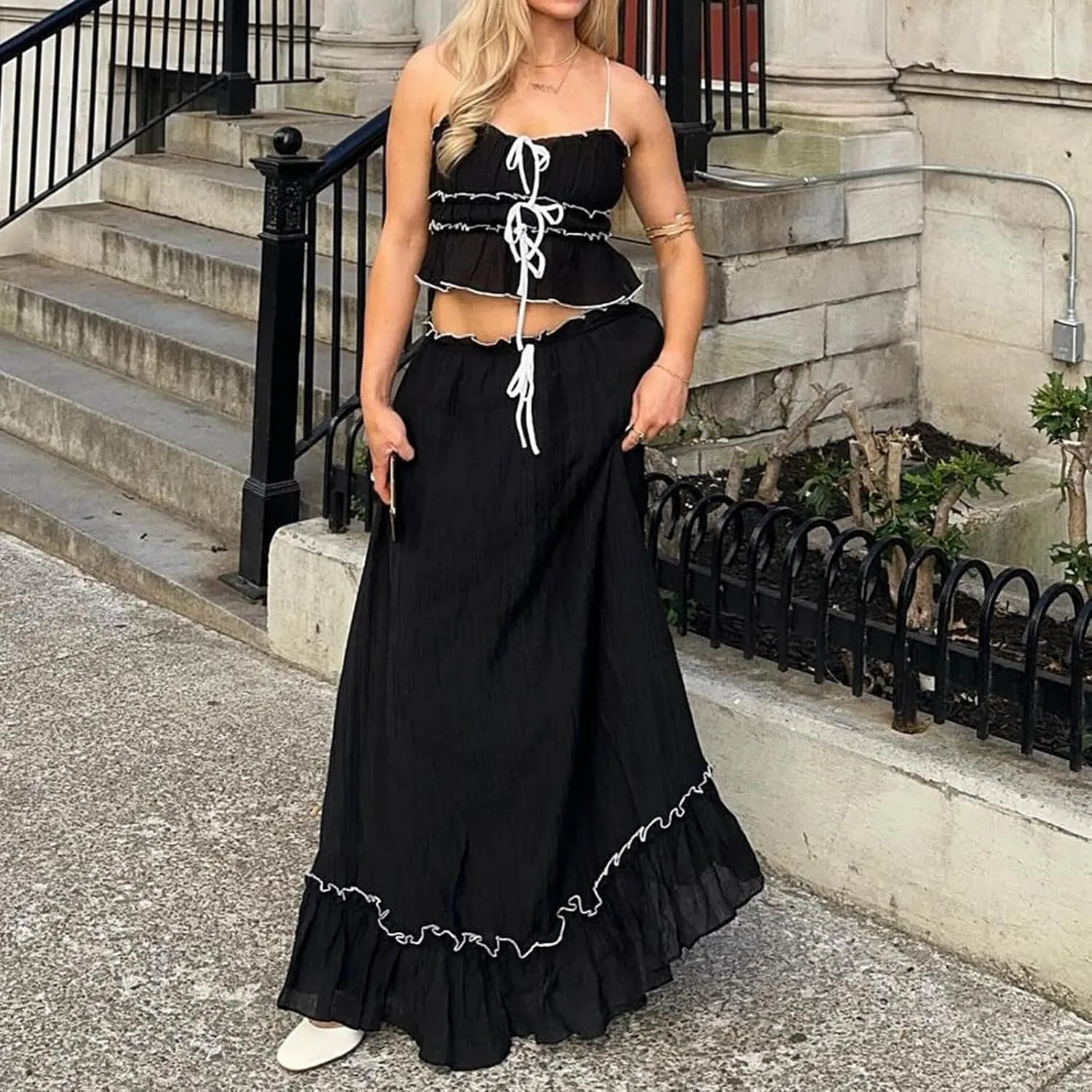 Women 2 Piece Maxi Skirt Set Y2k Sleeveless Cropped Cami Ruffle Long Skirt Matching Set Summer Beach Outfits