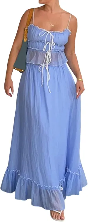 Women 2 Piece Maxi Skirt Set Y2k Sleeveless Cropped Cami Ruffle Long Skirt Matching Set Summer Beach Outfits