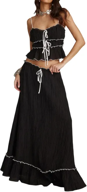 Women 2 Piece Maxi Skirt Set Y2k Sleeveless Cropped Cami Ruffle Long Skirt Matching Set Summer Beach Outfits