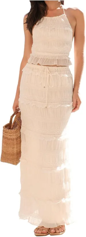 Women 2 Piece Maxi Skirt Set Y2k Sleeveless Cropped Cami Ruffle Long Skirt Matching Set Summer Beach Outfits