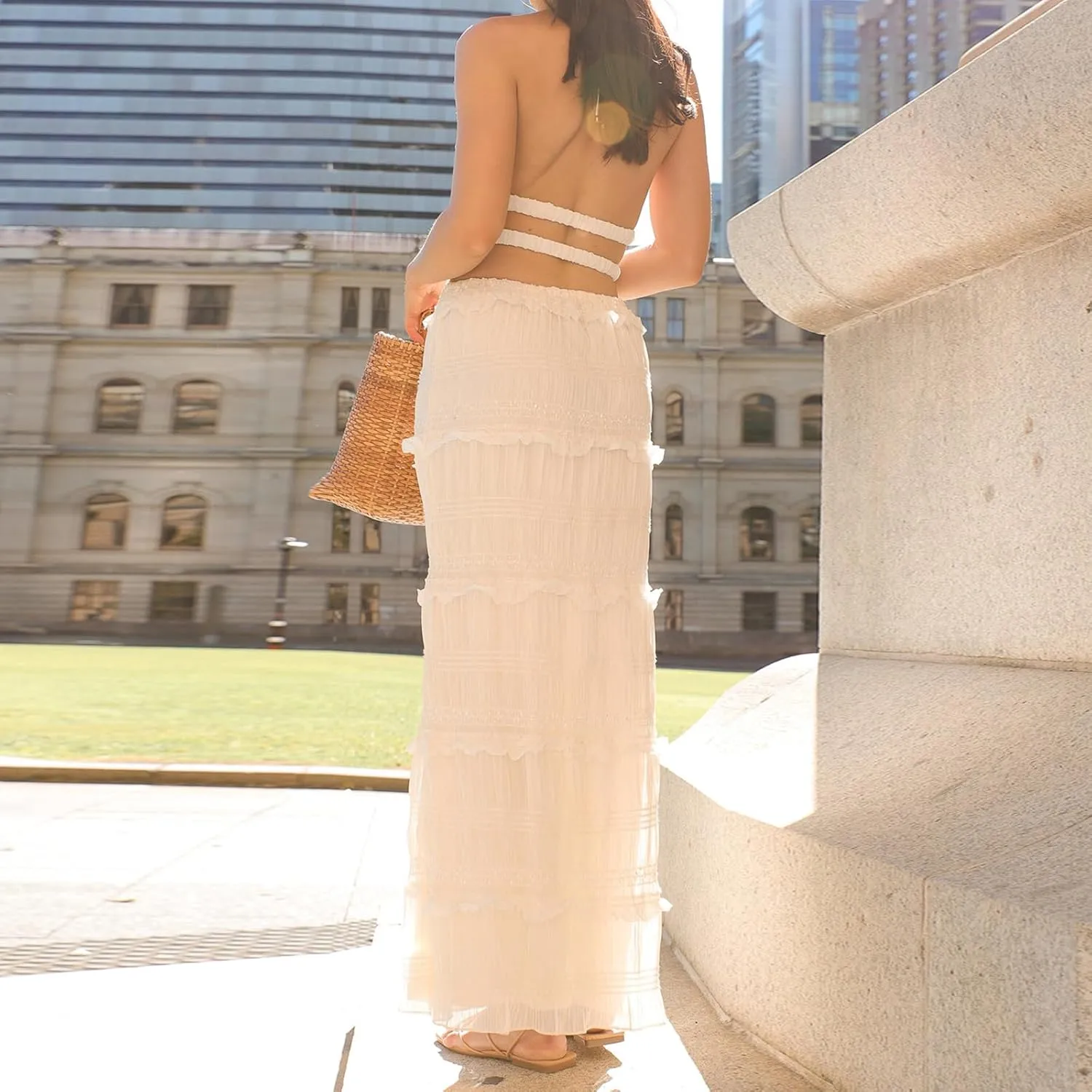 Women 2 Piece Maxi Skirt Set Y2k Sleeveless Cropped Cami Ruffle Long Skirt Matching Set Summer Beach Outfits