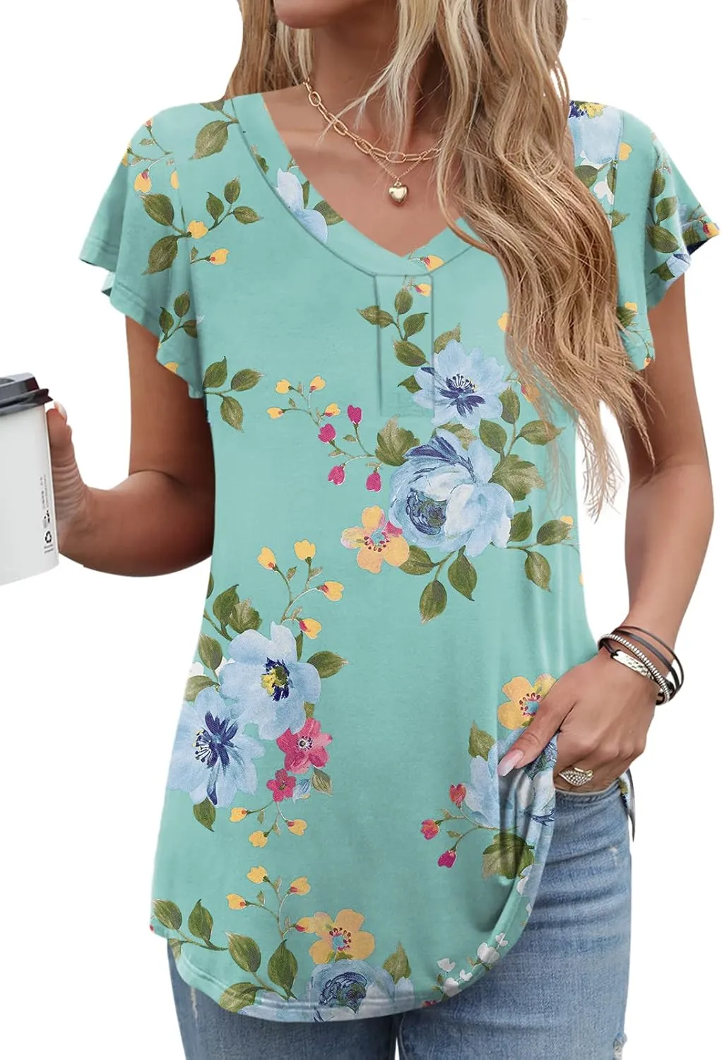 Women 2025 Summer Tops Short Sleeve T Shirts Casual V Neck Blouses Cute Loose Fit Tunic