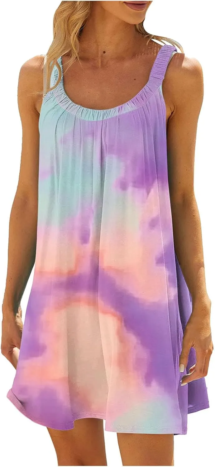 Women Beach Wear Dresses Summer Sleeveless Mini Dress Casual Floral Print Sundress Trendy Vacation Short