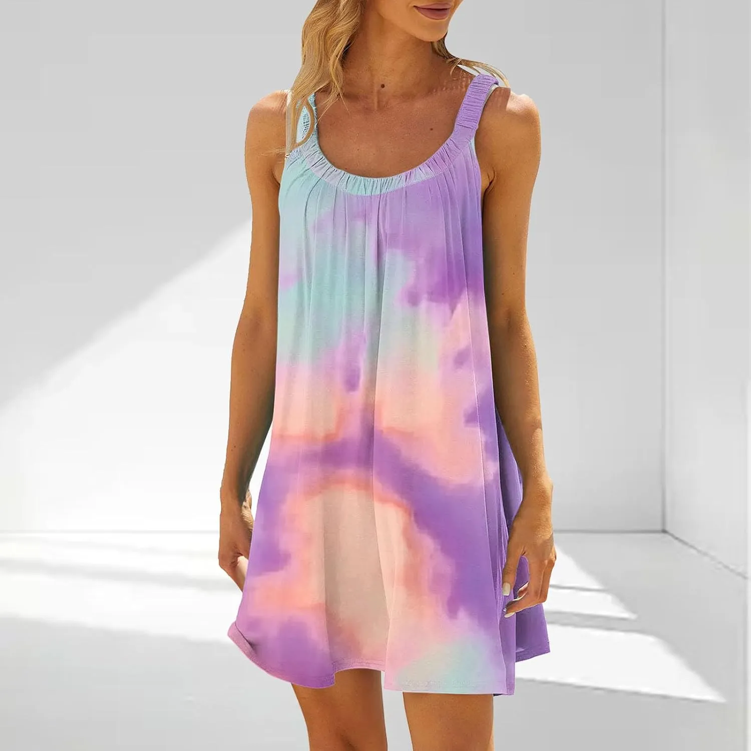 Women Beach Wear Dresses Summer Sleeveless Mini Dress Casual Floral Print Sundress Trendy Vacation Short