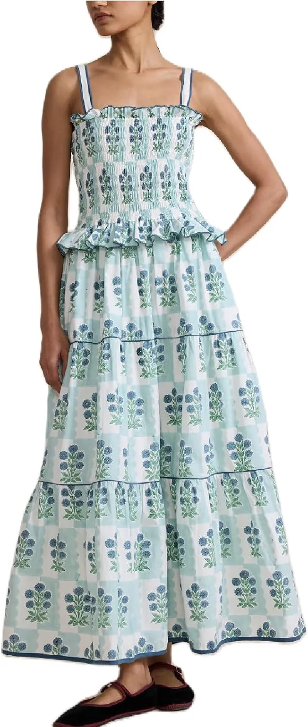 Women Boho Tie Shoulder Maxi Dress Y2k Floral Sleeveless Smocked Long Flowy Dress Tiered Summer Beach Sundress