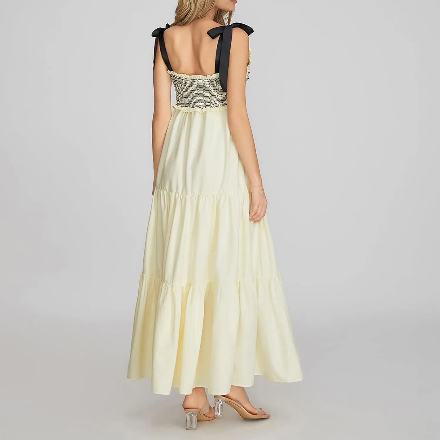 Women Boho Tie Shoulder Maxi Dress Y2k Floral Sleeveless Smocked Long Flowy Dress Tiered Summer Beach Sundress