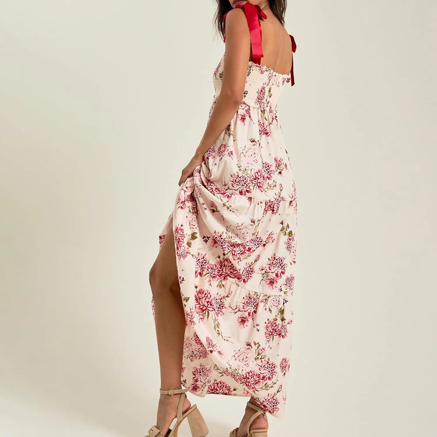Women Boho Tie Shoulder Maxi Dress Y2k Floral Sleeveless Smocked Long Flowy Dress Tiered Summer Beach Sundress