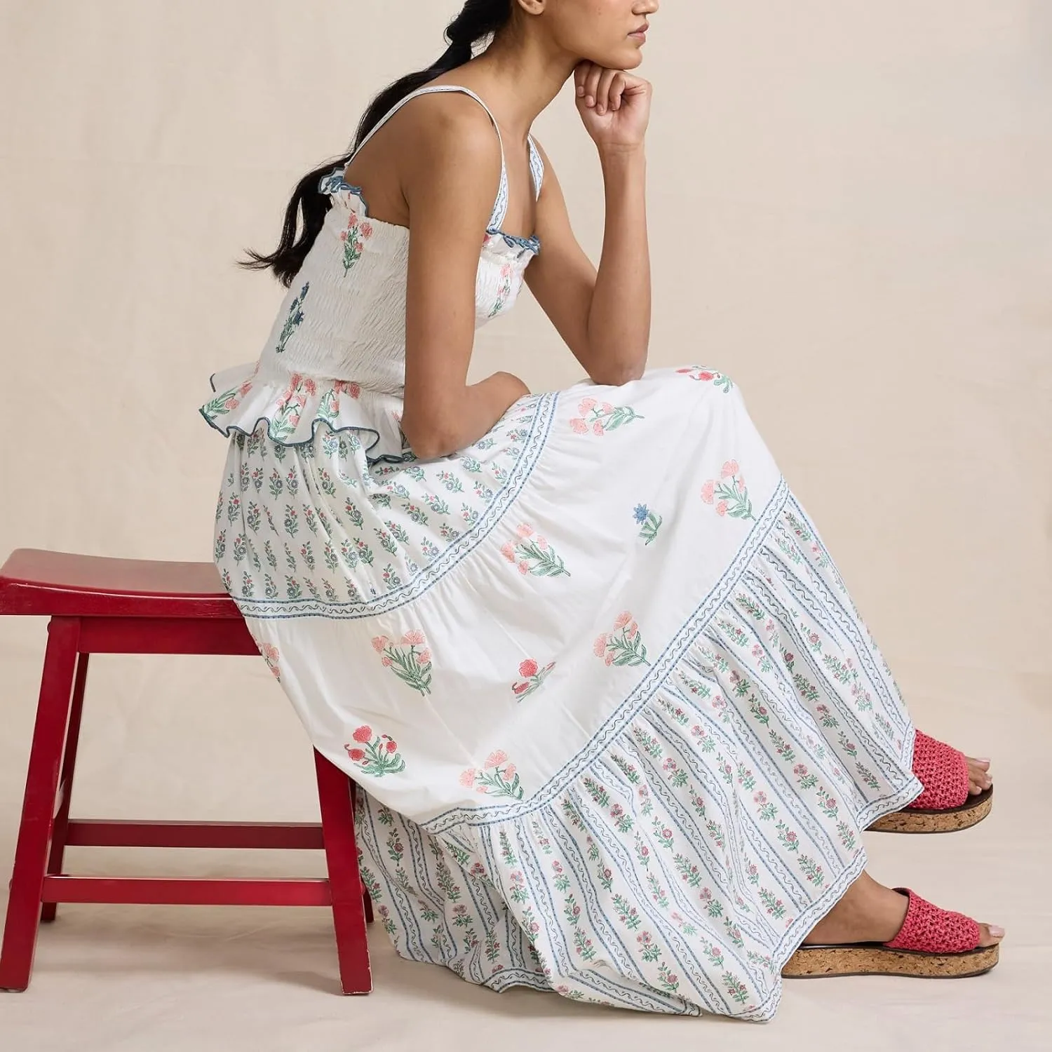 Women Boho Tie Shoulder Maxi Dress Y2k Floral Sleeveless Smocked Long Flowy Dress Tiered Summer Beach Sundress