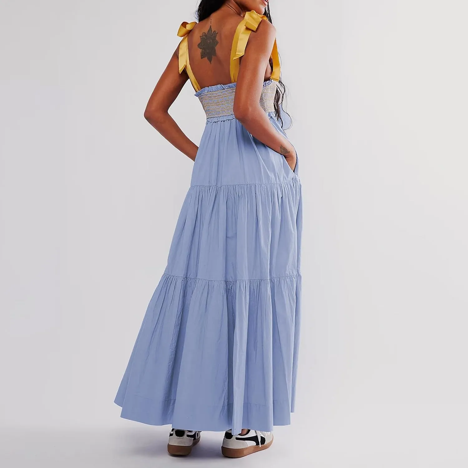 Women Boho Tie Shoulder Maxi Dress Y2k Floral Sleeveless Smocked Long Flowy Dress Tiered Summer Beach Sundress