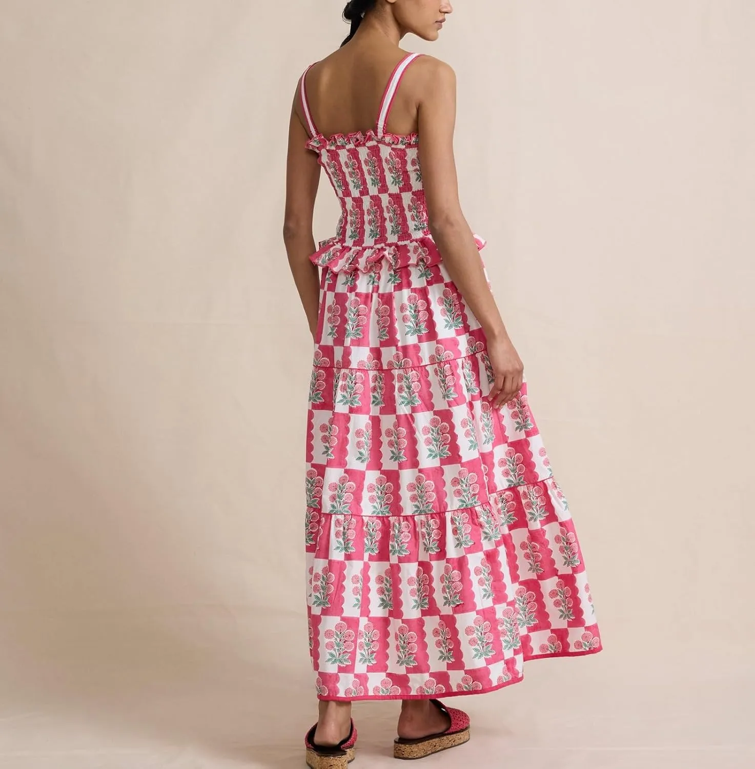 Women Boho Tie Shoulder Maxi Dress Y2k Floral Sleeveless Smocked Long Flowy Dress Tiered Summer Beach Sundress