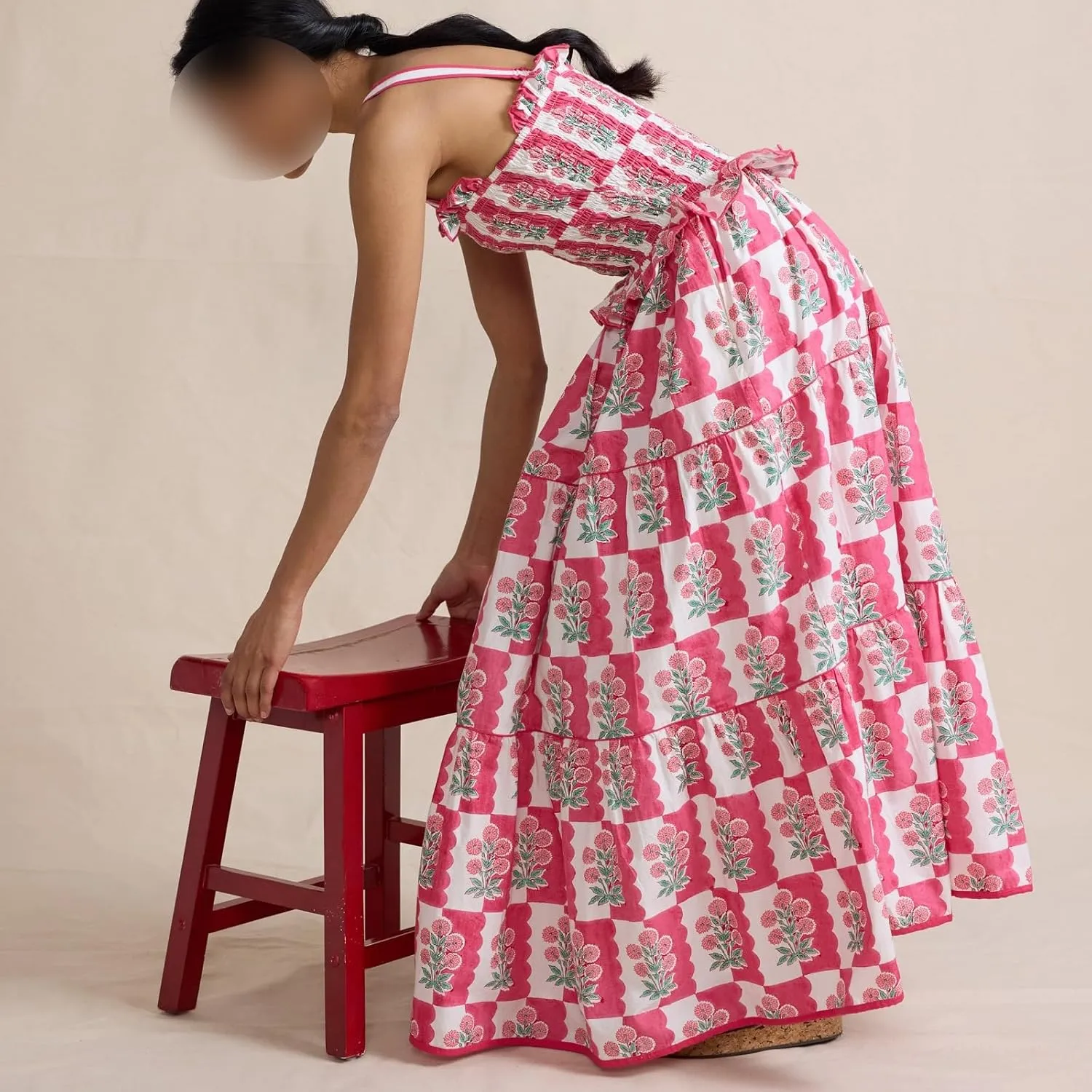 Women Boho Tie Shoulder Maxi Dress Y2k Floral Sleeveless Smocked Long Flowy Dress Tiered Summer Beach Sundress