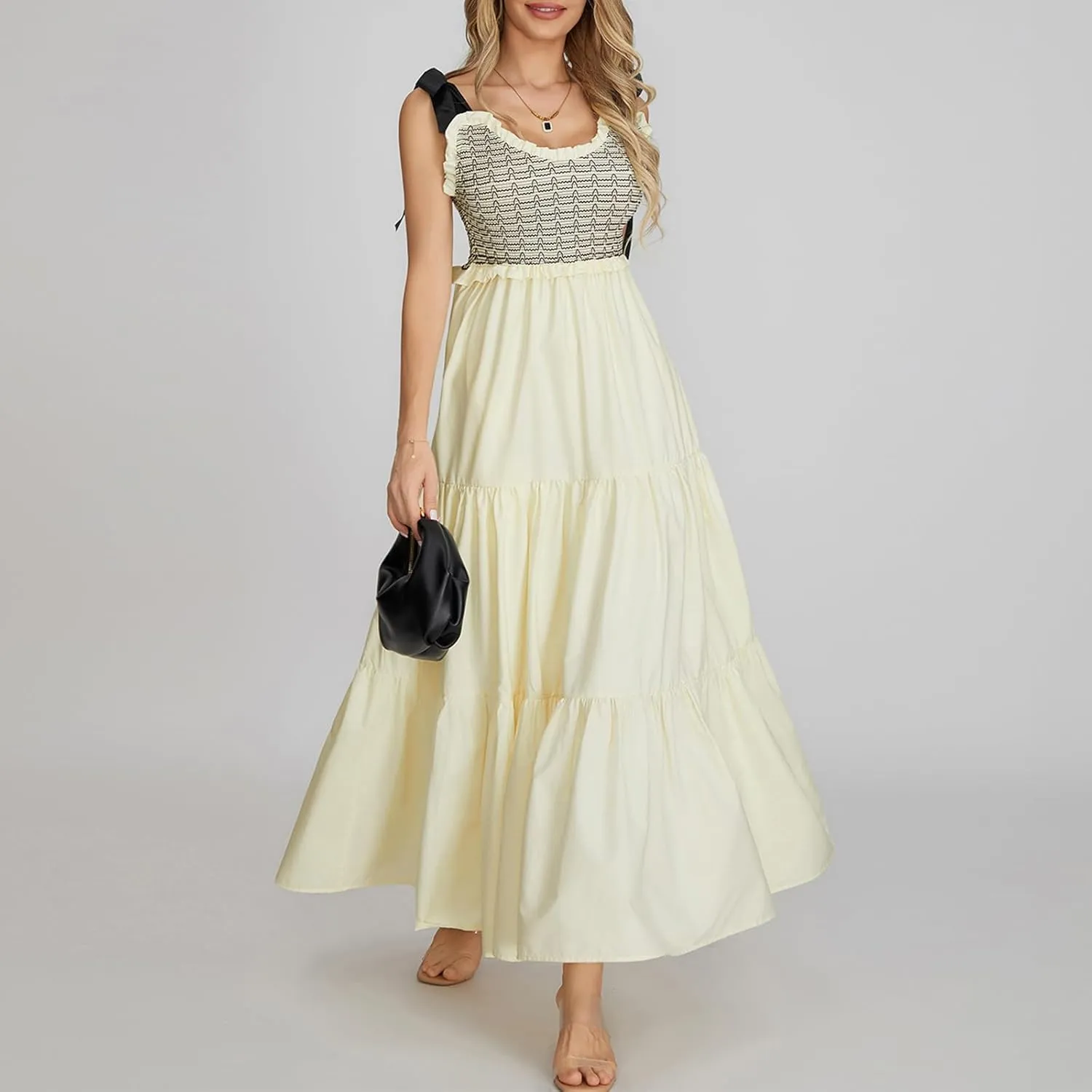Women Boho Tie Shoulder Maxi Dress Y2k Floral Sleeveless Smocked Long Flowy Dress Tiered Summer Beach Sundress