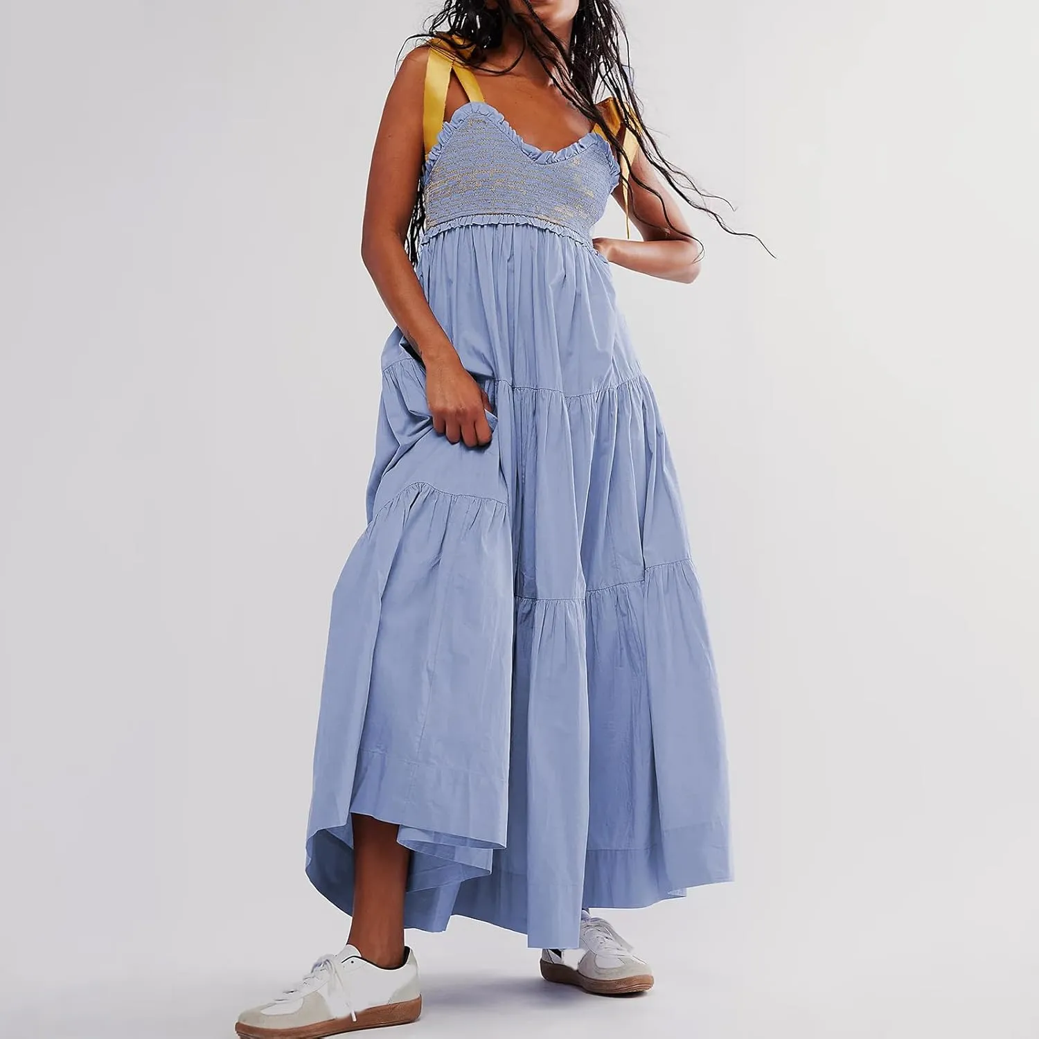 Women Boho Tie Shoulder Maxi Dress Y2k Floral Sleeveless Smocked Long Flowy Dress Tiered Summer Beach Sundress