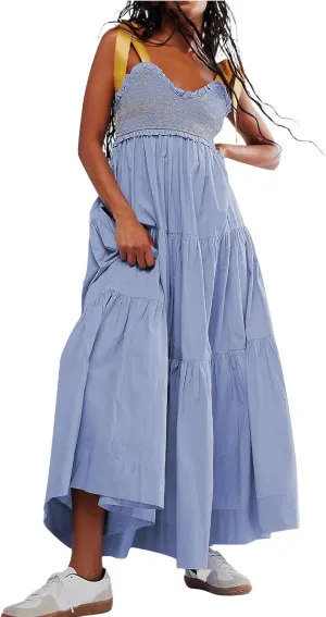 Women Boho Tie Shoulder Maxi Dress Y2k Floral Sleeveless Smocked Long Flowy Dress Tiered Summer Beach Sundress