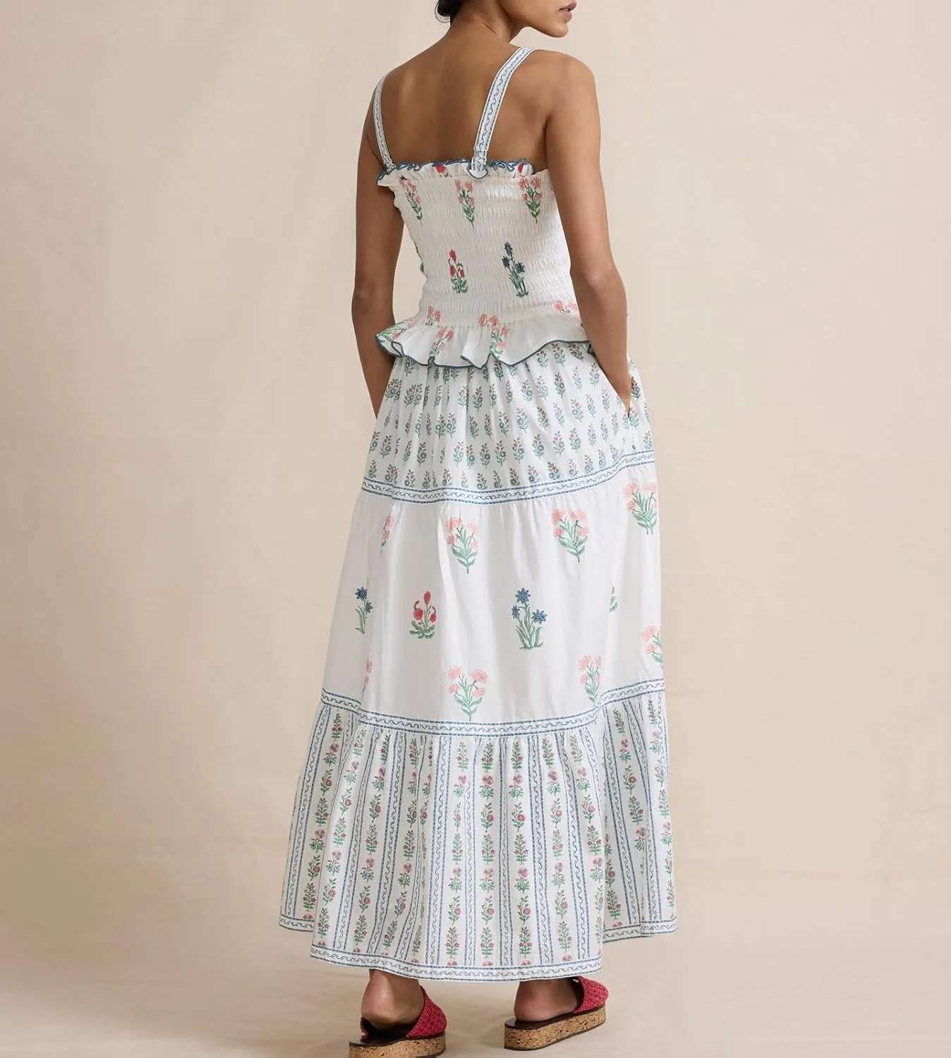 Women Boho Tie Shoulder Maxi Dress Y2k Floral Sleeveless Smocked Long Flowy Dress Tiered Summer Beach Sundress