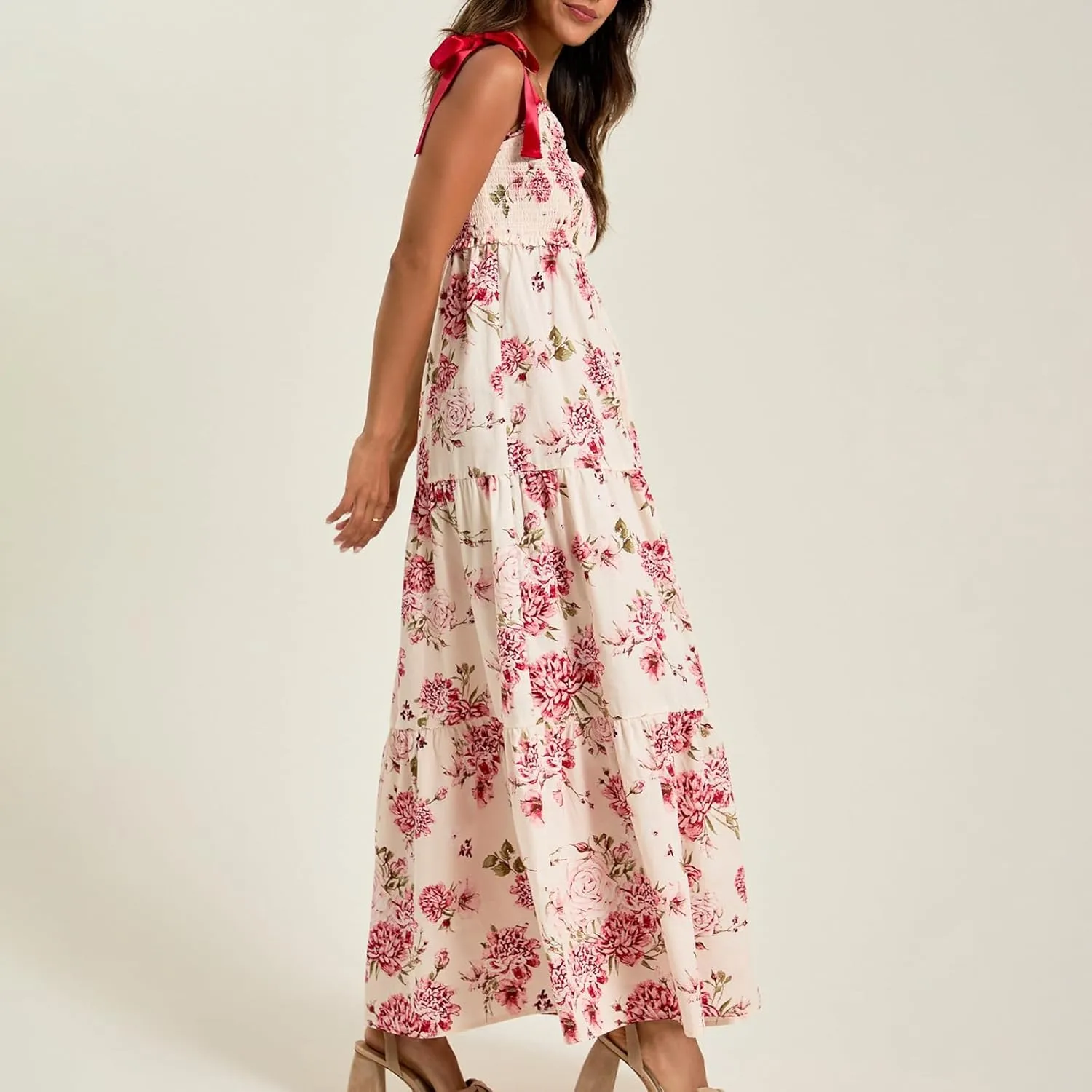 Women Boho Tie Shoulder Maxi Dress Y2k Floral Sleeveless Smocked Long Flowy Dress Tiered Summer Beach Sundress