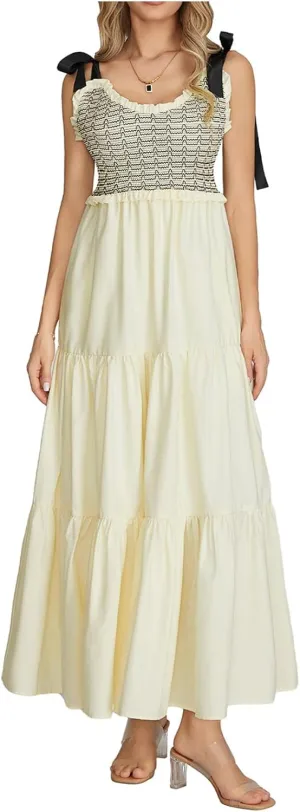 Women Boho Tie Shoulder Maxi Dress Y2k Floral Sleeveless Smocked Long Flowy Dress Tiered Summer Beach Sundress