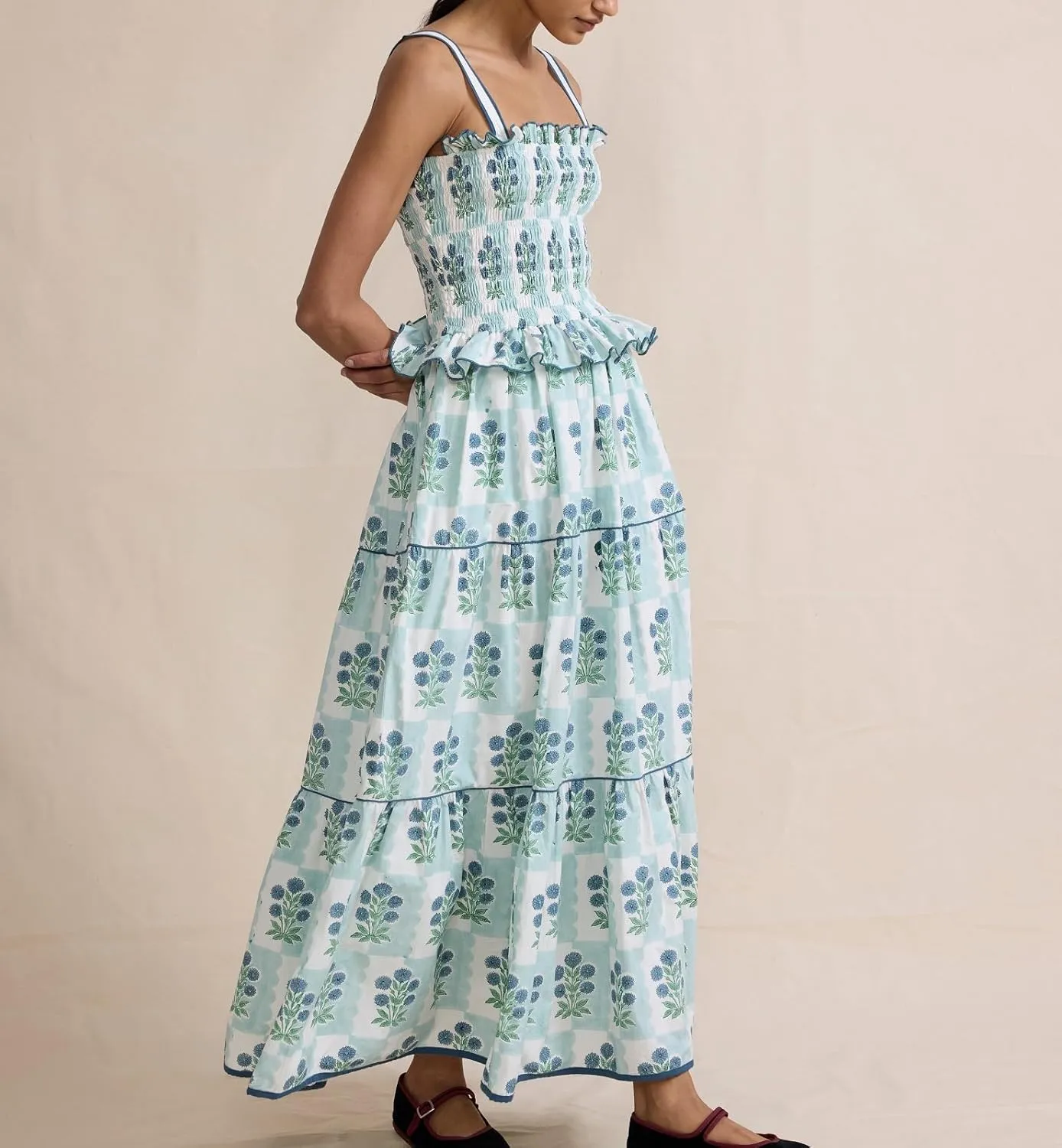 Women Boho Tie Shoulder Maxi Dress Y2k Floral Sleeveless Smocked Long Flowy Dress Tiered Summer Beach Sundress
