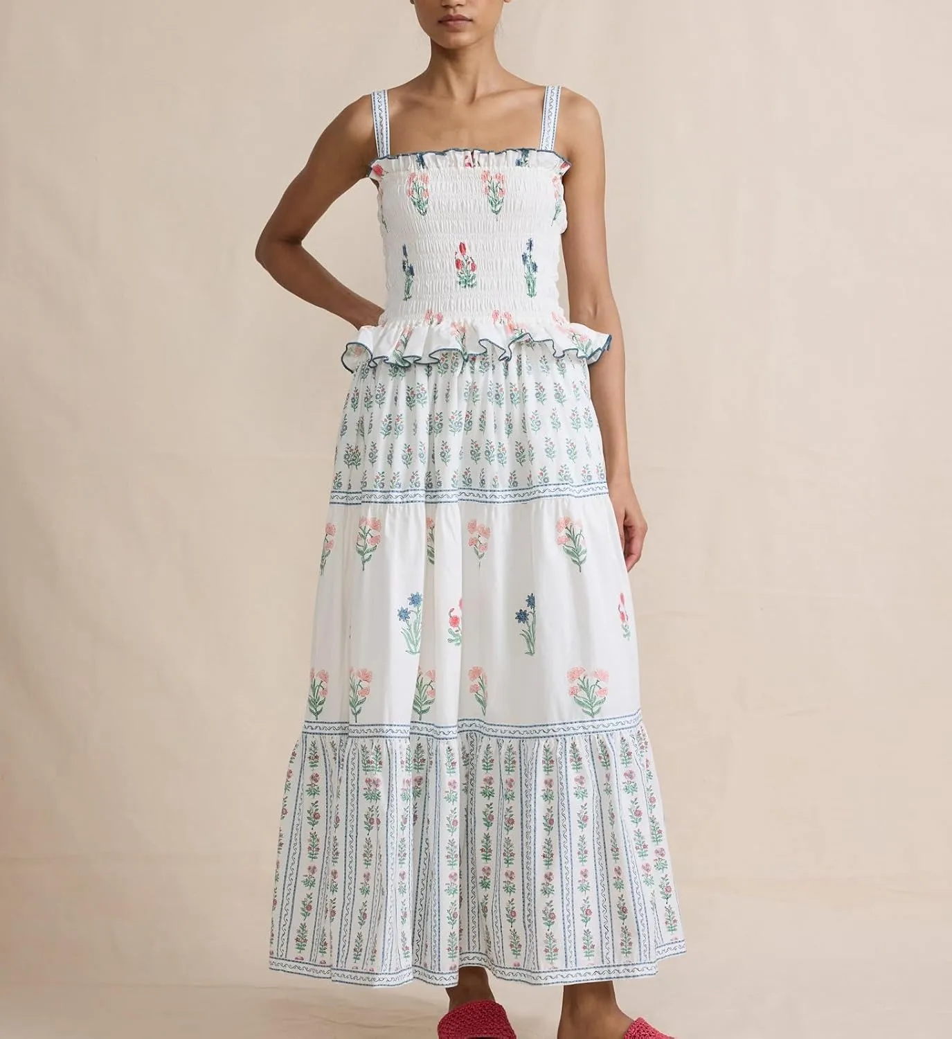 Women Boho Tie Shoulder Maxi Dress Y2k Floral Sleeveless Smocked Long Flowy Dress Tiered Summer Beach Sundress