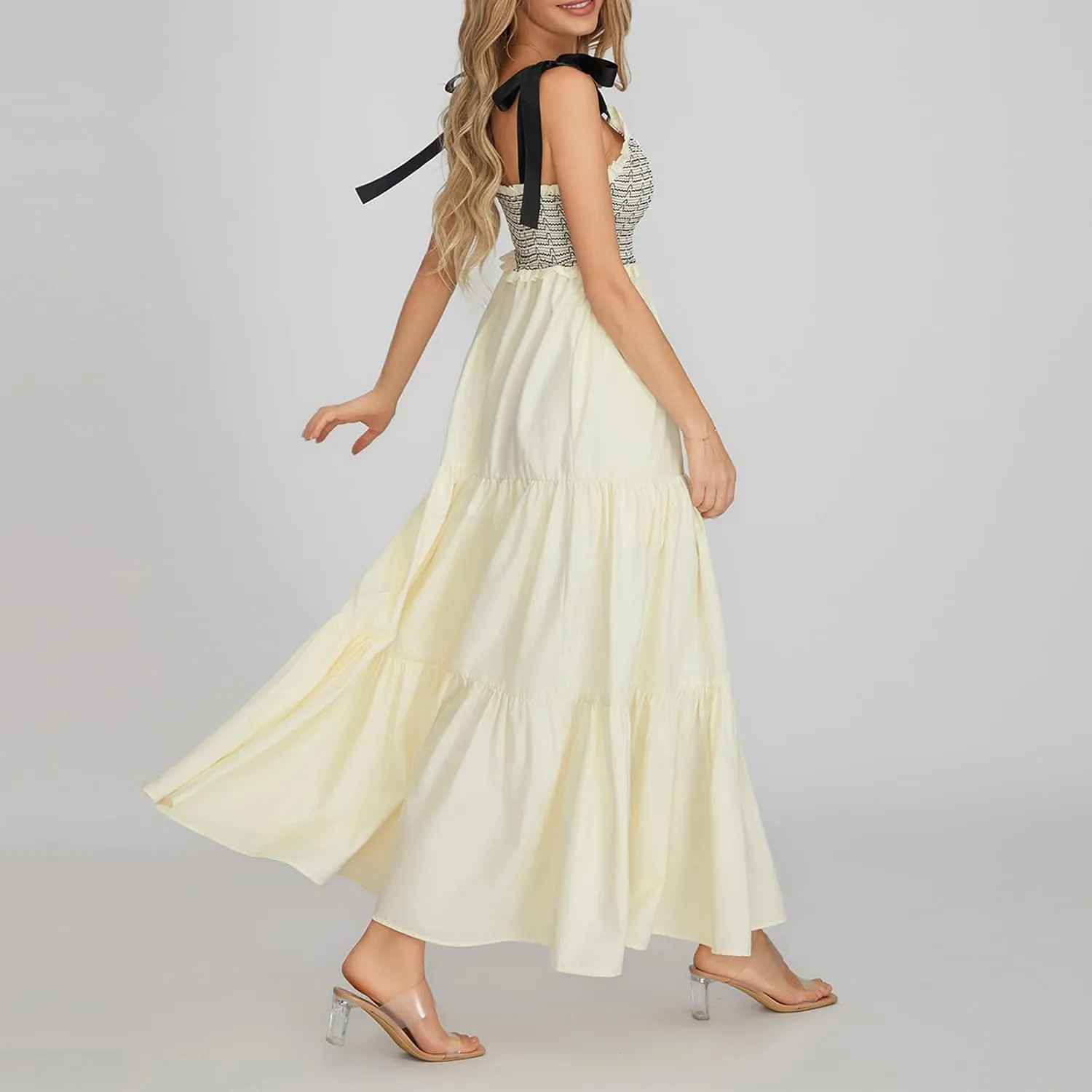 Women Boho Tie Shoulder Maxi Dress Y2k Floral Sleeveless Smocked Long Flowy Dress Tiered Summer Beach Sundress