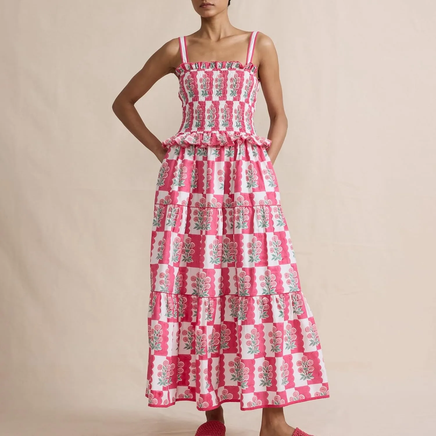 Women Boho Tie Shoulder Maxi Dress Y2k Floral Sleeveless Smocked Long Flowy Dress Tiered Summer Beach Sundress