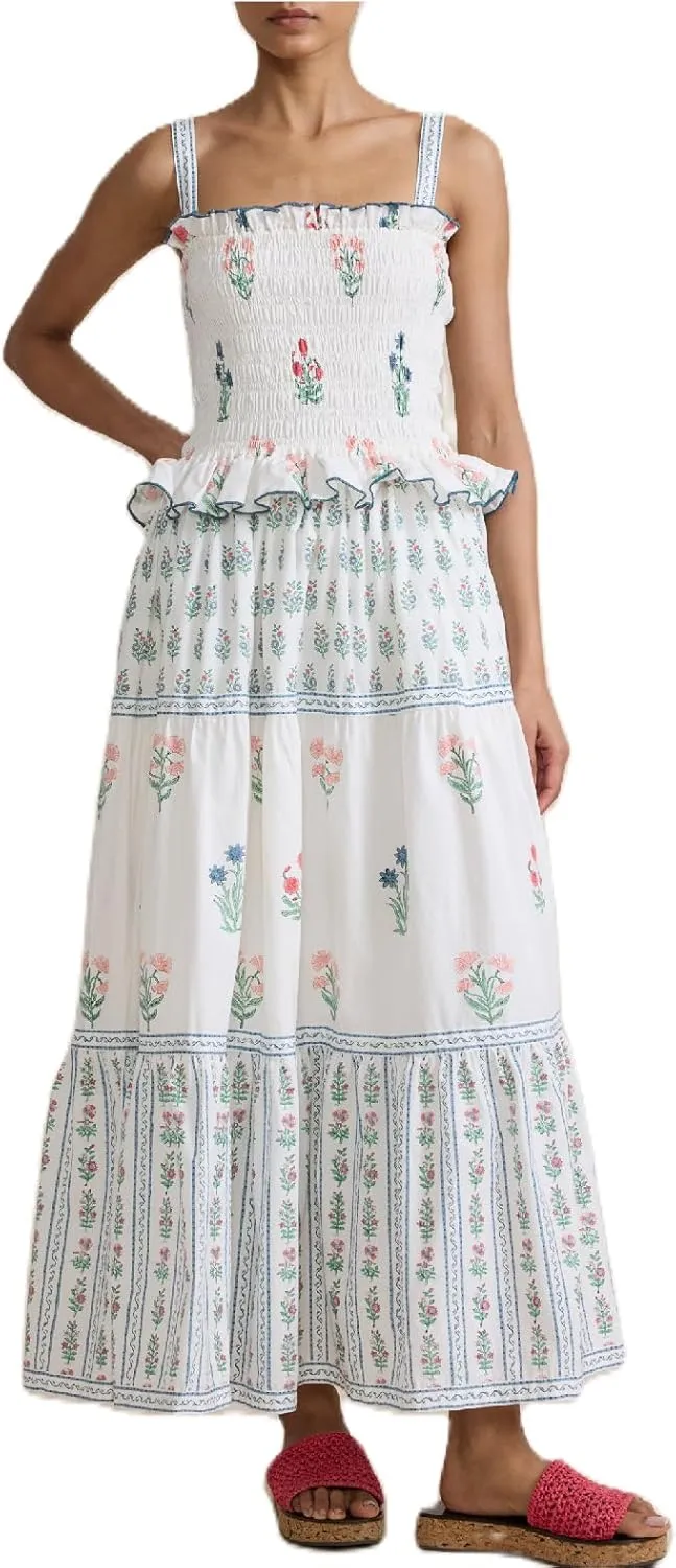 Women Boho Tie Shoulder Maxi Dress Y2k Floral Sleeveless Smocked Long Flowy Dress Tiered Summer Beach Sundress