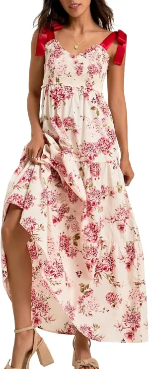Women Boho Tie Shoulder Maxi Dress Y2k Floral Sleeveless Smocked Long Flowy Dress Tiered Summer Beach Sundress