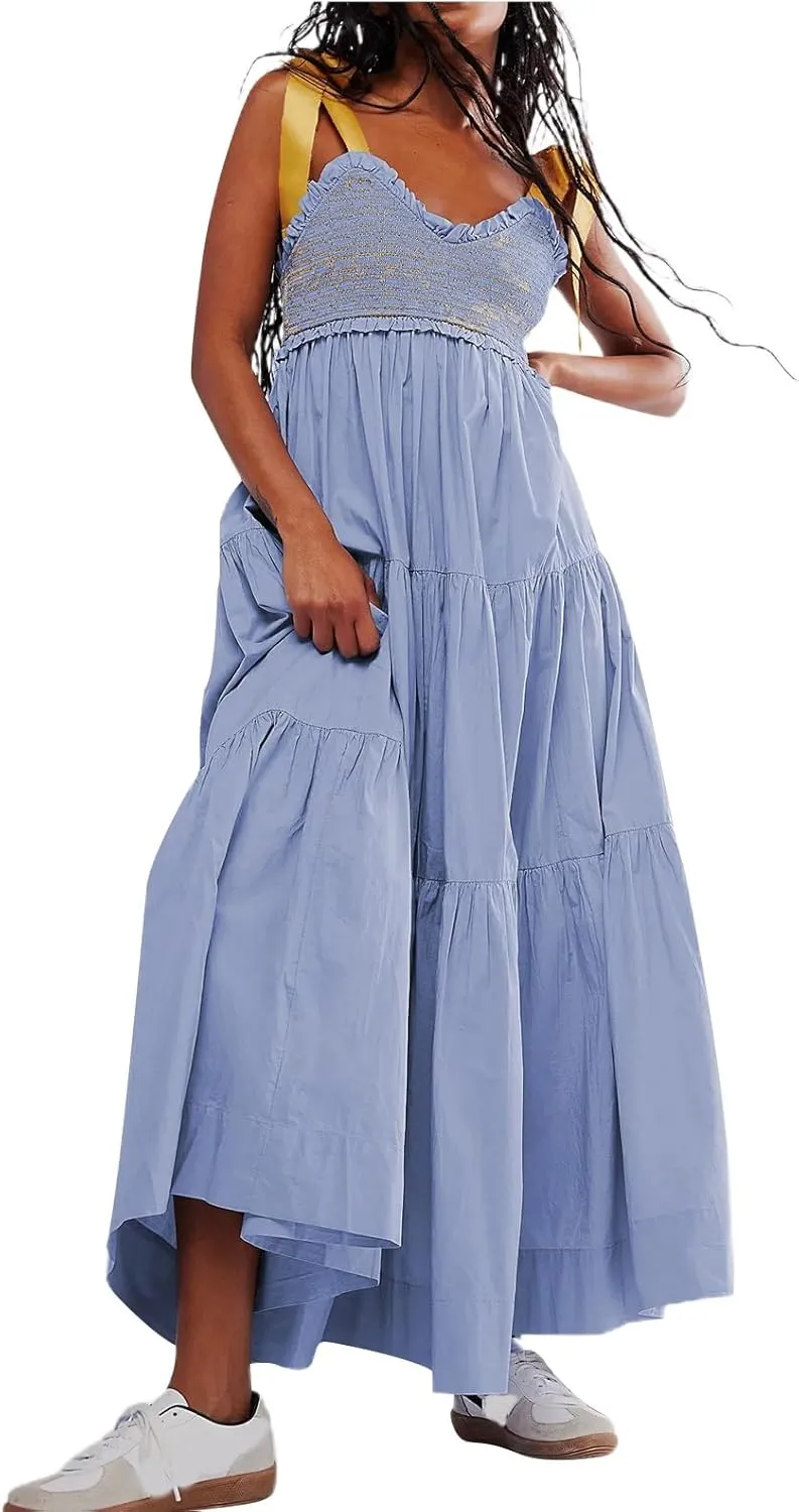 Women Boho Tie Shoulder Maxi Dress Y2k Floral Sleeveless Smocked Long Flowy Dress Tiered Summer Beach Sundress
