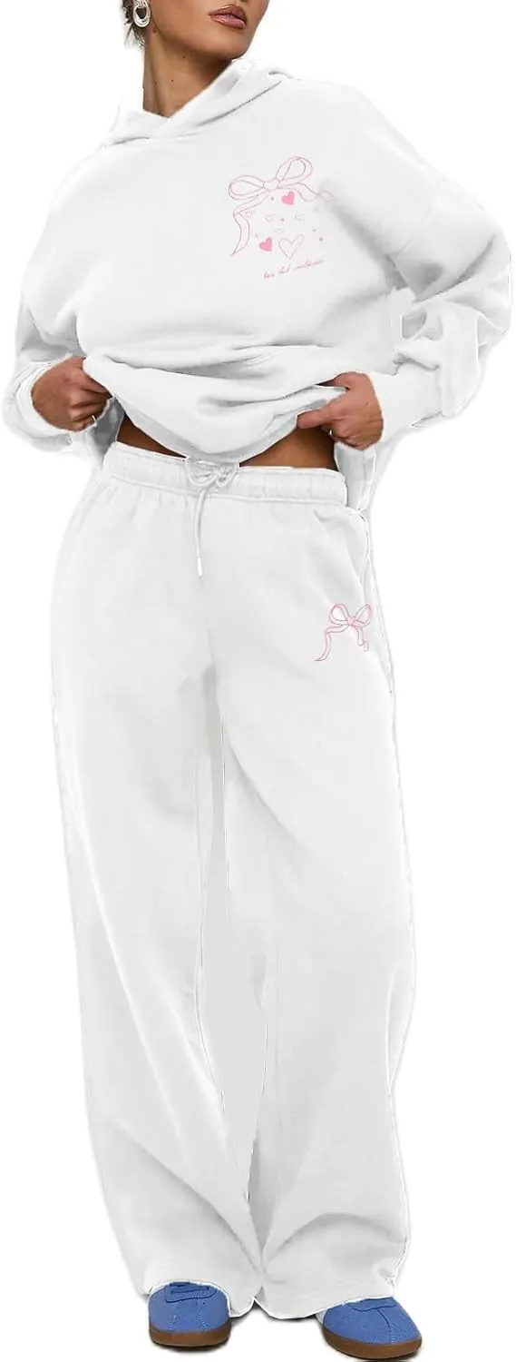 Women Bow Print Sweat Set Teen Girl 2 Piece Long Sleeve Oversized Hoodie Wide Leg Sweatpants Matching Tracksuit