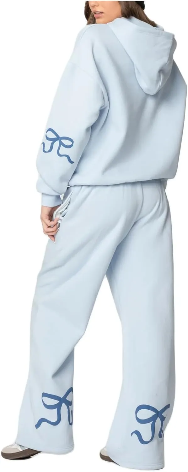 Women Bow Print Sweat Set Teen Girl 2 Piece Long Sleeve Oversized Hoodie Wide Leg Sweatpants Matching Tracksuit