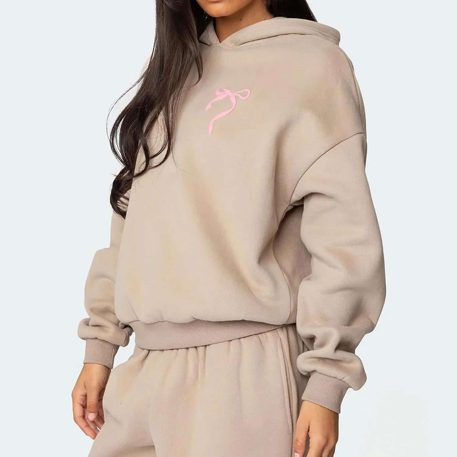 Women Bow Print Sweat Set Teen Girl 2 Piece Long Sleeve Oversized Hoodie Wide Leg Sweatpants Matching Tracksuit