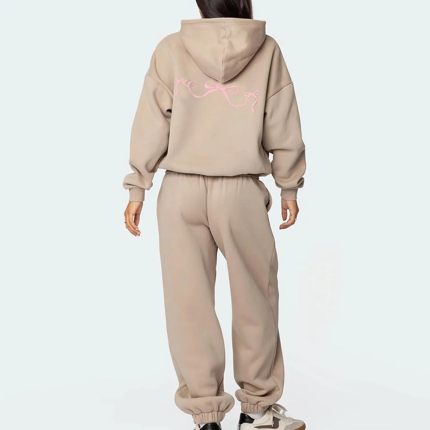 Women Bow Print Sweat Set Teen Girl 2 Piece Long Sleeve Oversized Hoodie Wide Leg Sweatpants Matching Tracksuit