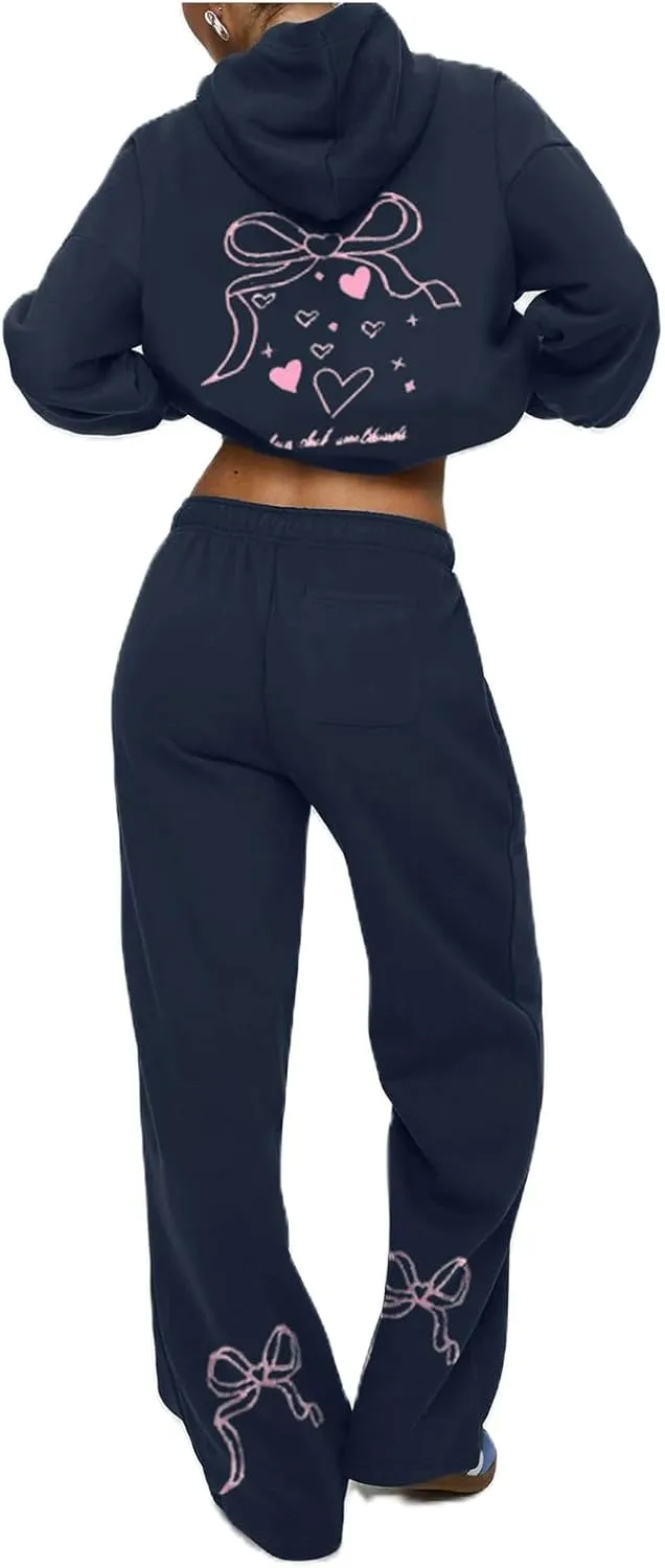 Women Bow Print Sweat Set Teen Girl 2 Piece Long Sleeve Oversized Hoodie Wide Leg Sweatpants Matching Tracksuit