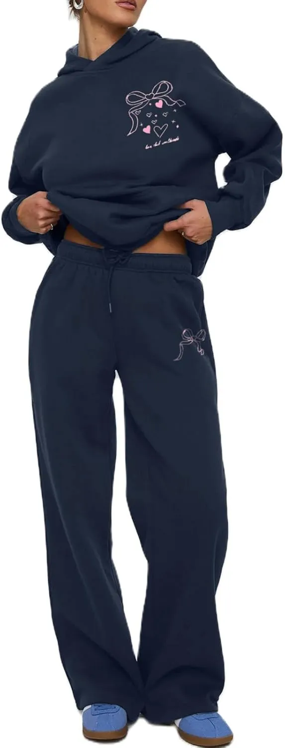 Women Bow Print Sweat Set Teen Girl 2 Piece Long Sleeve Oversized Hoodie Wide Leg Sweatpants Matching Tracksuit