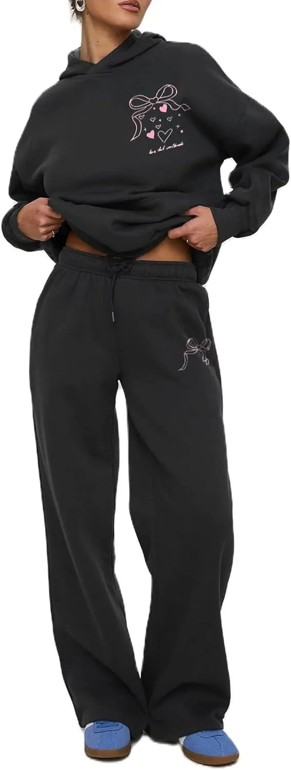 Women Bow Print Sweat Set Teen Girl 2 Piece Long Sleeve Oversized Hoodie Wide Leg Sweatpants Matching Tracksuit