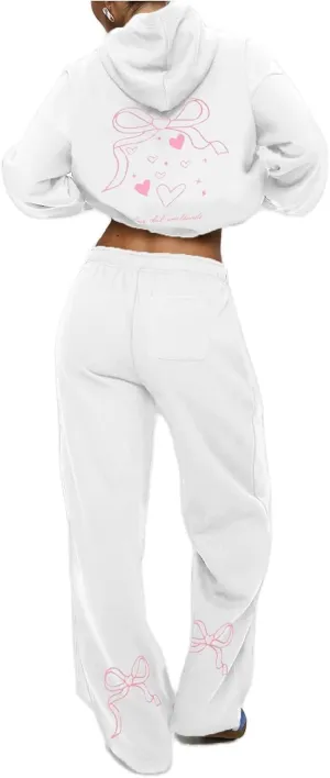 Women Bow Print Sweat Set Teen Girl 2 Piece Long Sleeve Oversized Hoodie Wide Leg Sweatpants Matching Tracksuit
