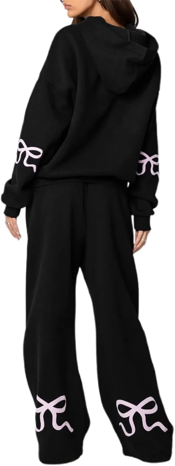 Women Bow Print Sweat Set Teen Girl 2 Piece Long Sleeve Oversized Hoodie Wide Leg Sweatpants Matching Tracksuit