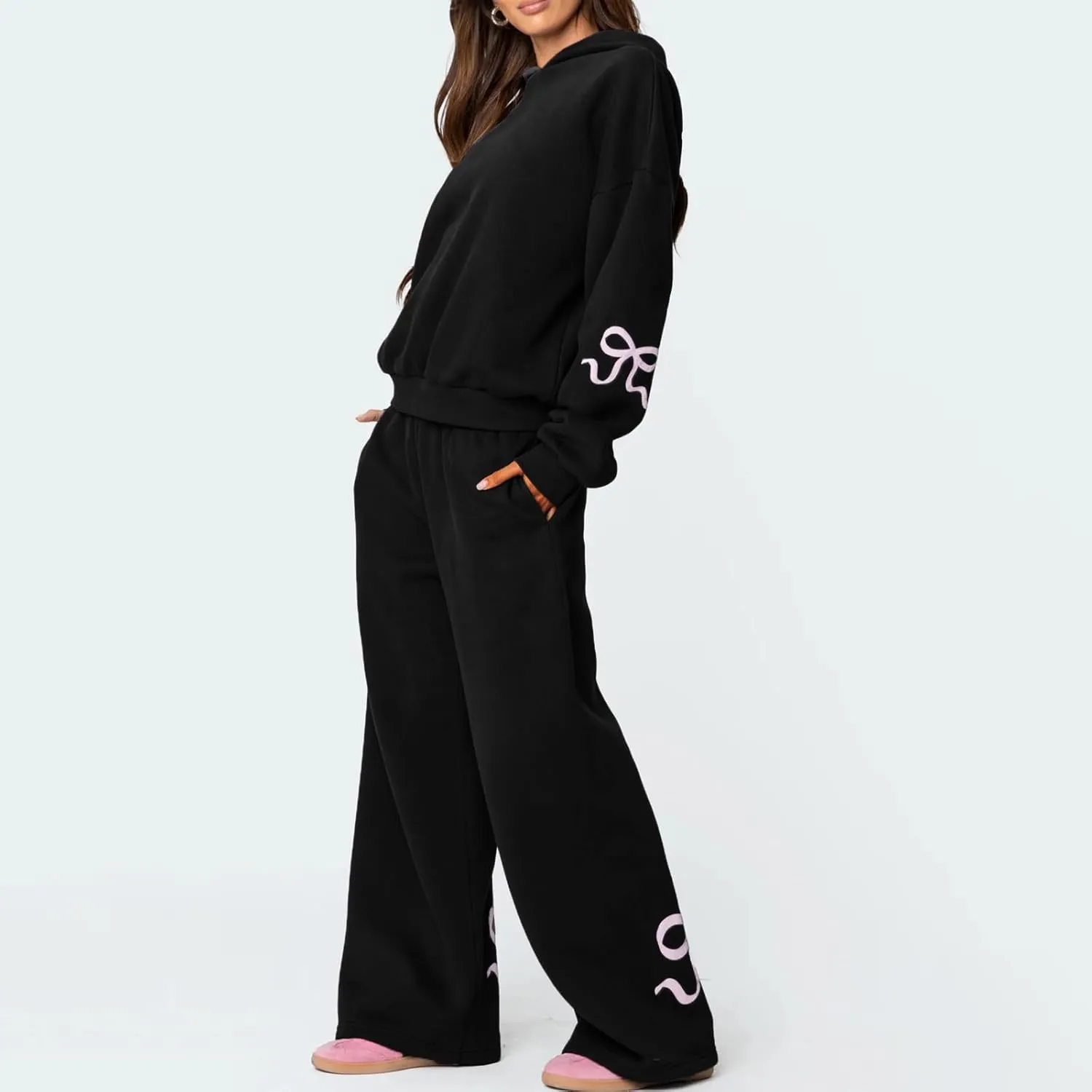 Women Bow Print Sweat Set Teen Girl 2 Piece Long Sleeve Oversized Hoodie Wide Leg Sweatpants Matching Tracksuit
