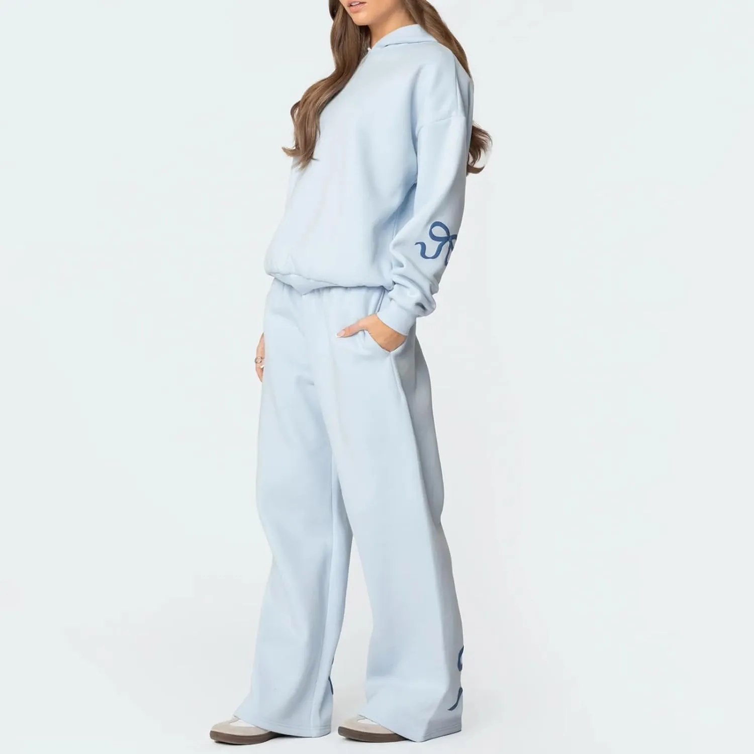 Women Bow Print Sweat Set Teen Girl 2 Piece Long Sleeve Oversized Hoodie Wide Leg Sweatpants Matching Tracksuit