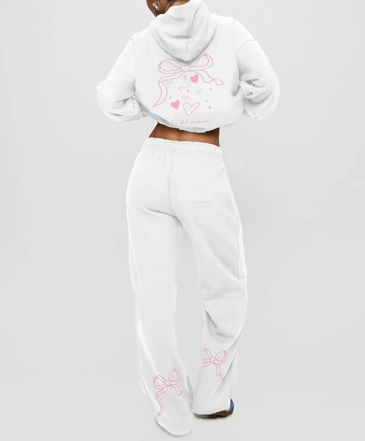 Women Bow Print Sweat Set Teen Girl 2 Piece Long Sleeve Oversized Hoodie Wide Leg Sweatpants Matching Tracksuit