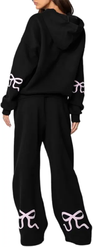 Women Bow Print Sweat Set Teen Girl 2 Piece Long Sleeve Oversized Hoodie Wide Leg Sweatpants Matching Tracksuit