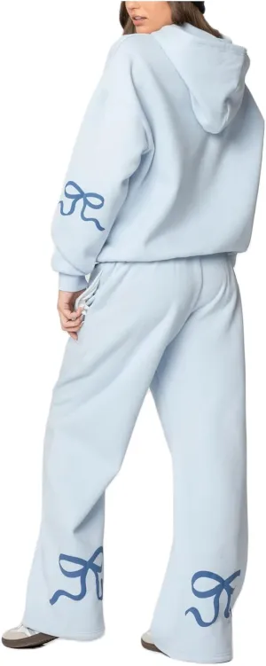 Women Bow Print Sweat Set Teen Girl 2 Piece Long Sleeve Oversized Hoodie Wide Leg Sweatpants Matching Tracksuit